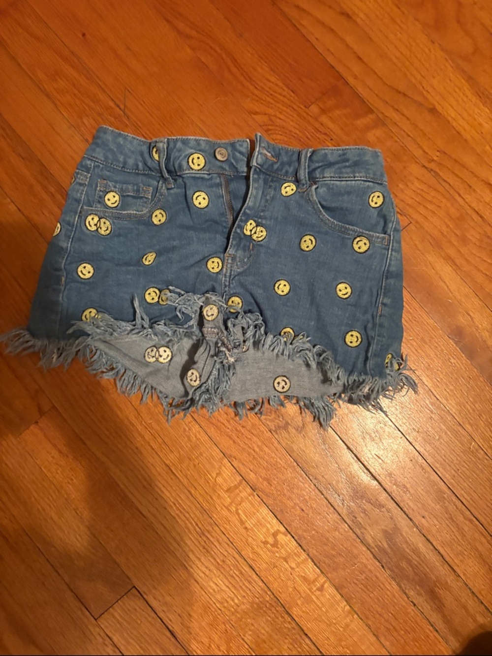 Altar'd State Blue Denim Smiley Face Frayed Hem Shorts